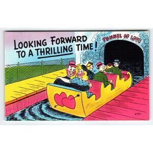 Looking Forward to Thrilling Time! Tunnel of Love Amusement Ride Linen Vintage